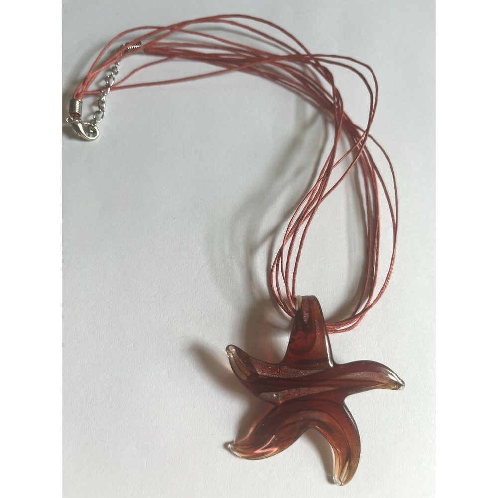 Burnt Orange Glass Starfish Pendant Necklace Fiery Amber Multi Strand Cord Boho